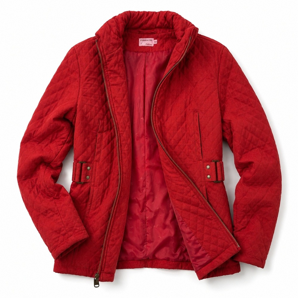 Ferrioni Collection Womens M Red Quilted Jacket Full Zip Belted Y2K Lightweight